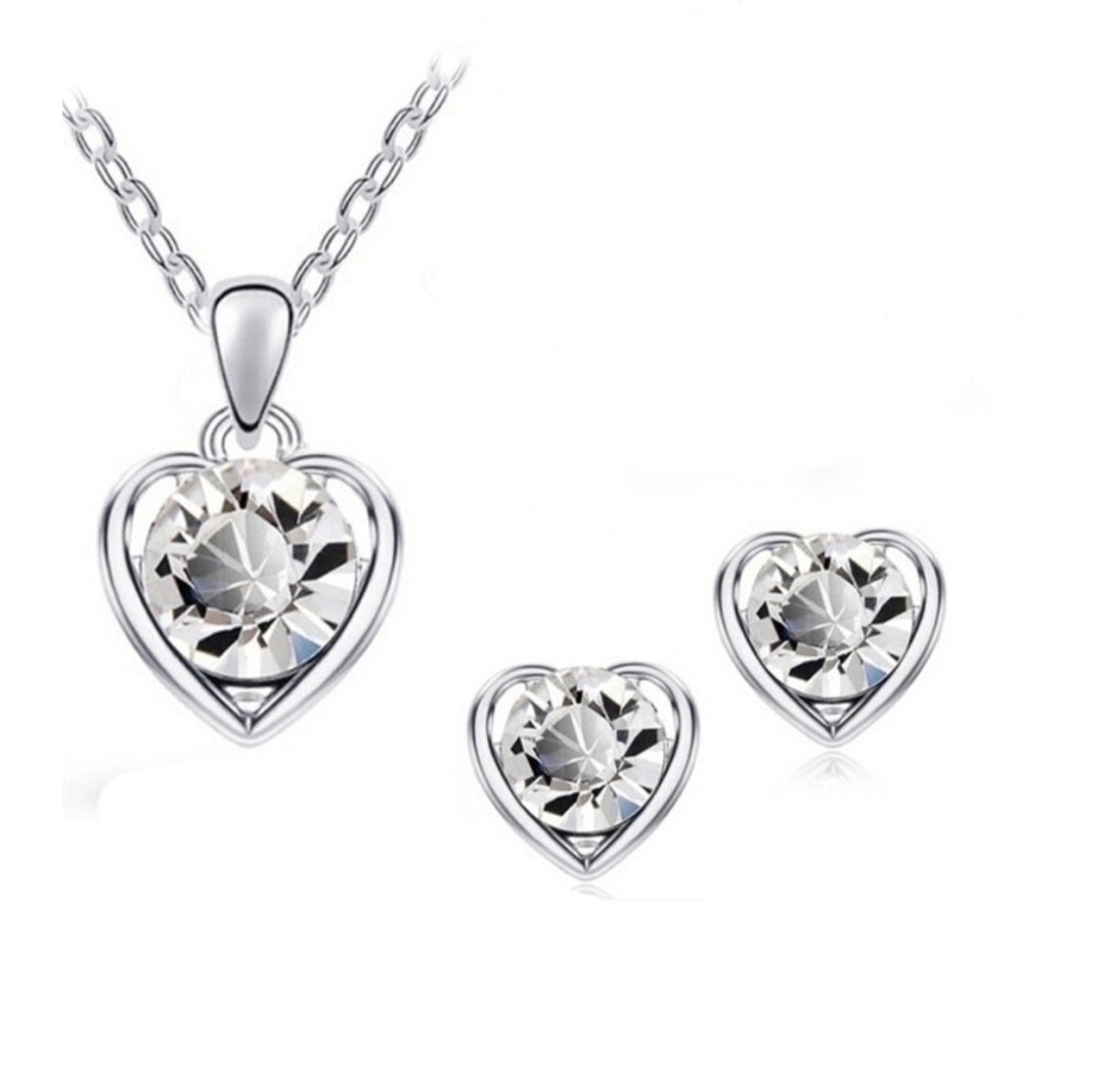 Fashion Simple Silver White Crystal Heart Pendent Alloy Necklace Earrings Set