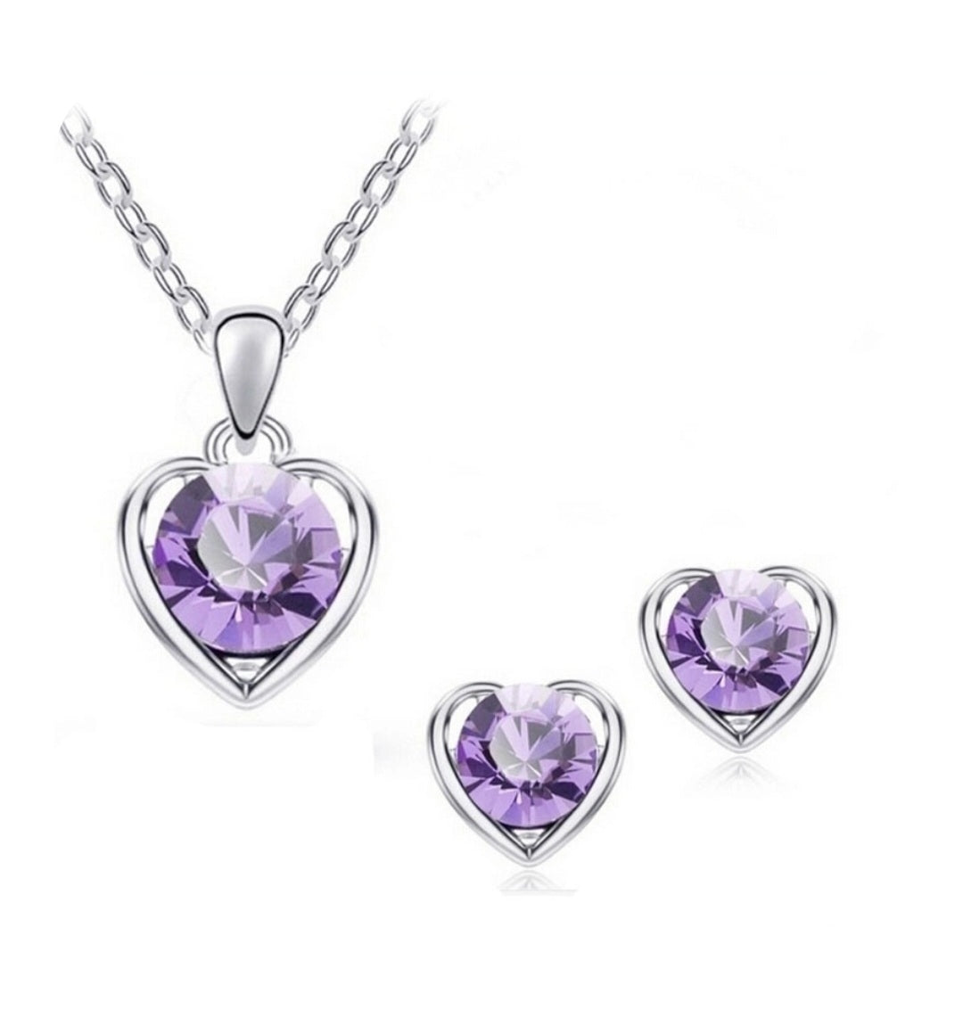 Fashion Simple Silver Purple Crystal Heart Pendent Alloy Necklace Earrings Set
