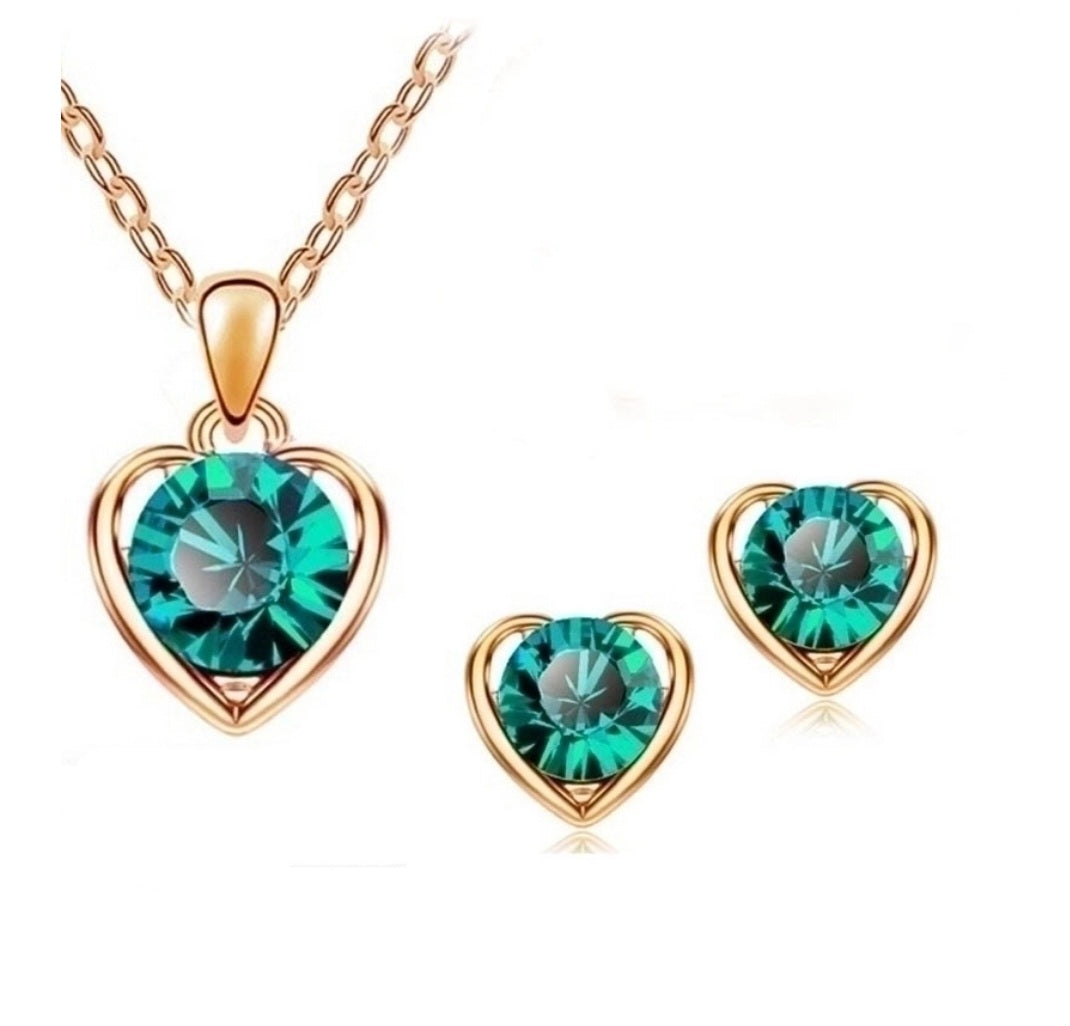Fashion Simple Gold Green Crystal Heart Pendent Alloy Necklace Earrings Set