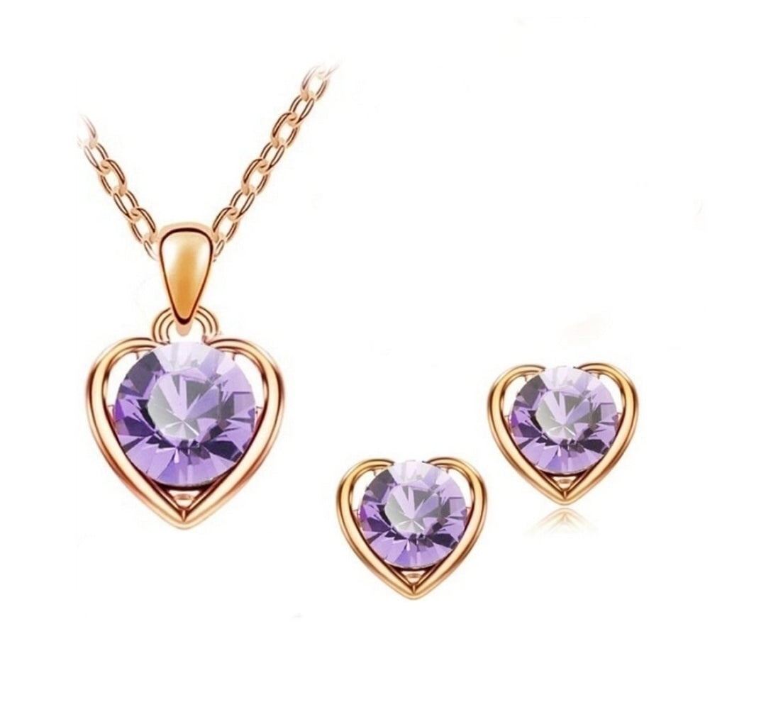 Fashion Simple Gold Purple Crystal Heart Pendent Alloy Necklace Earrings Set