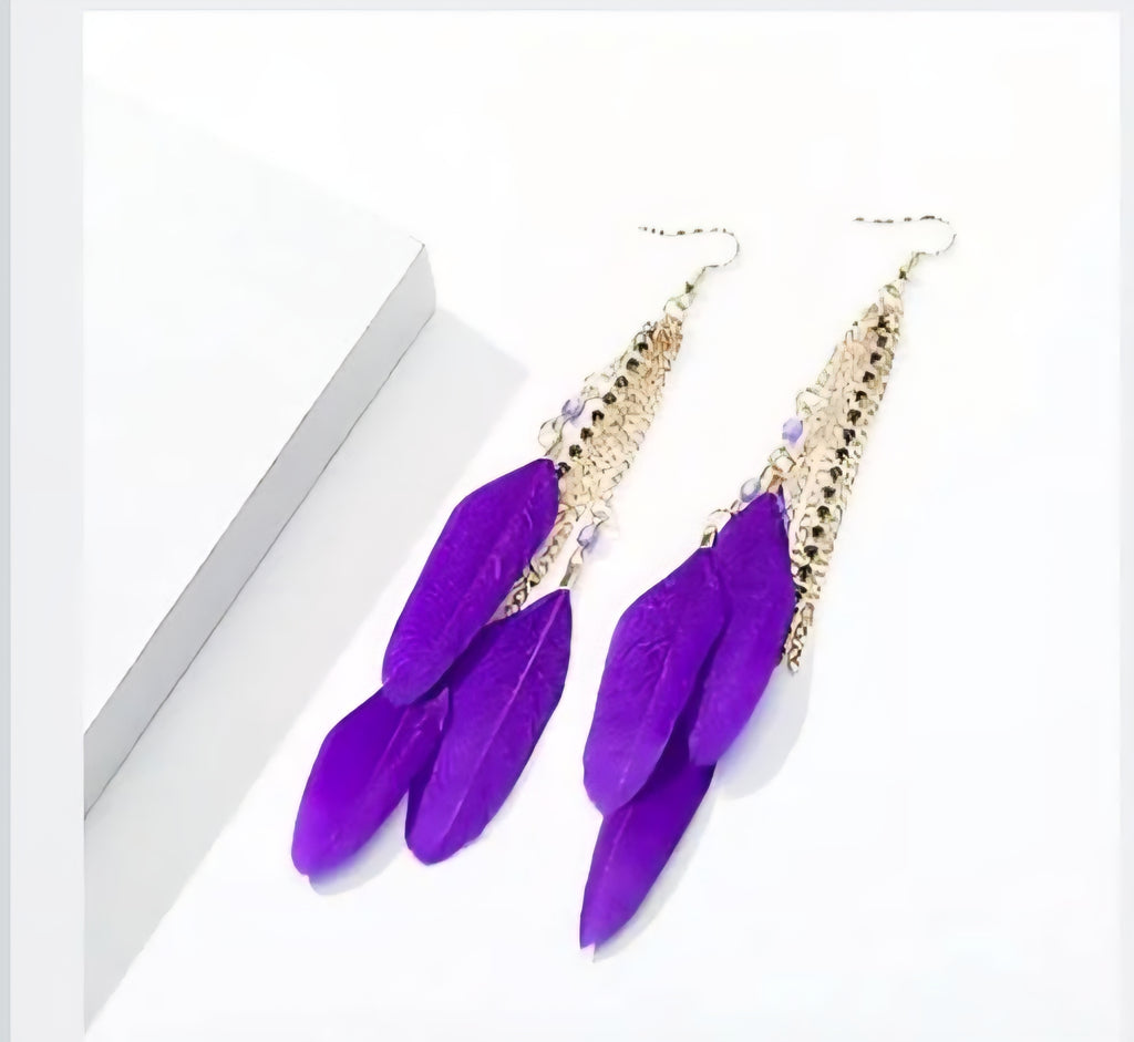 Fdesigner Purple Boho Feather Earrings
