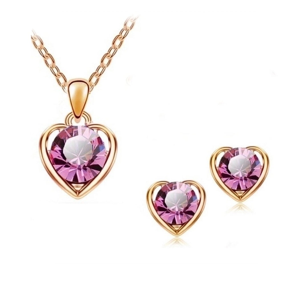 Fashion Simple Gold Pink Crystal Heart Pendent Alloy Necklace Earrings Set