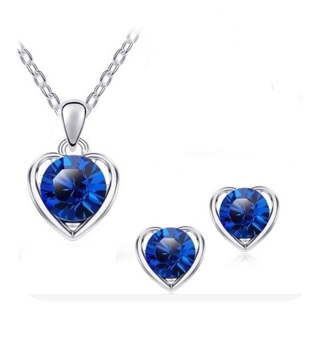 Fashion Simple Silver Blue Crystal Heart Pendent Alloy Necklace Earrings Set